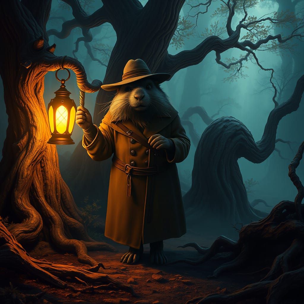 Mystical Beaver Navigates Enchanted Forest at Dusk