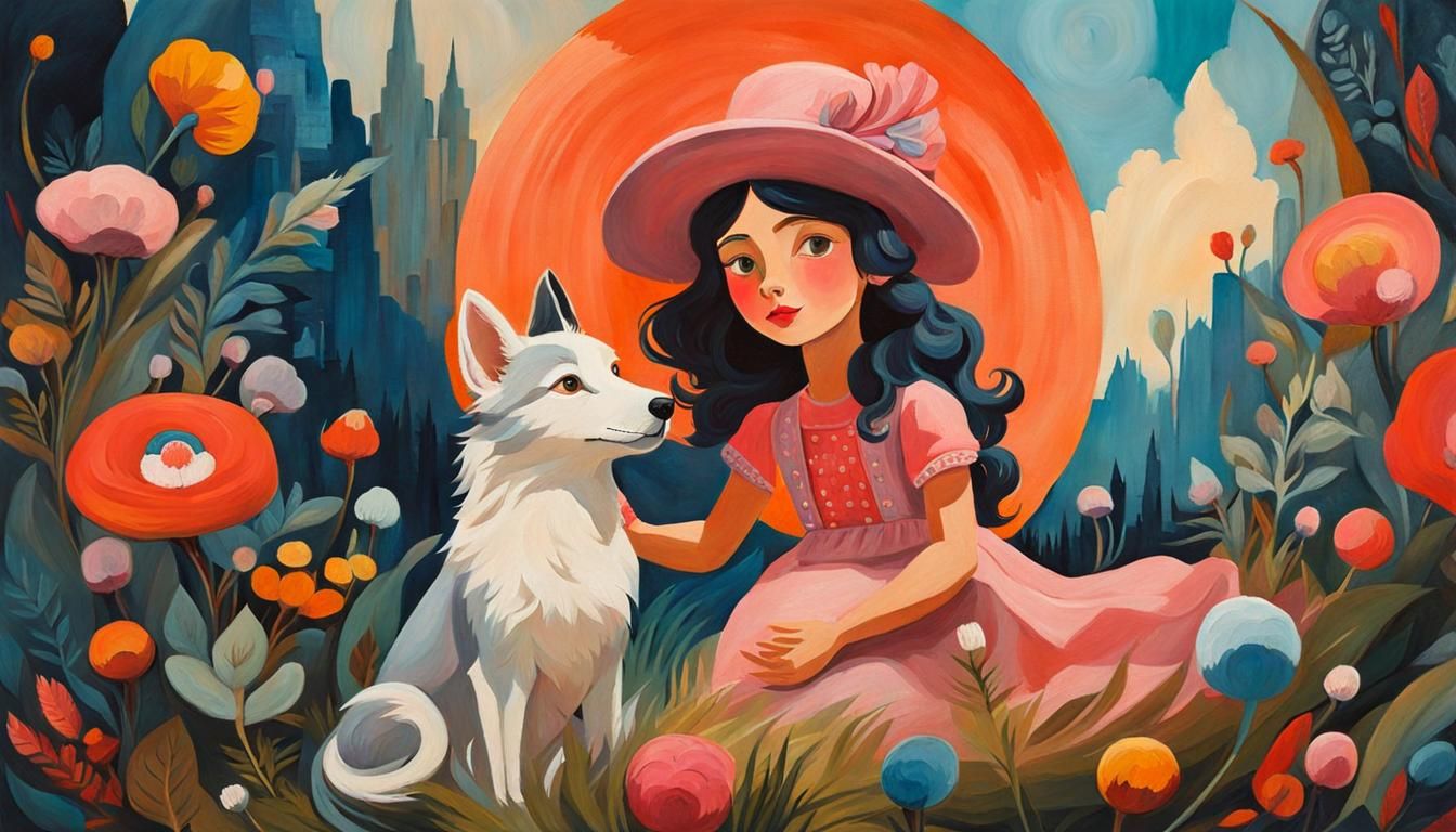 Girl with Wolperdinger Pet in Gouache Style