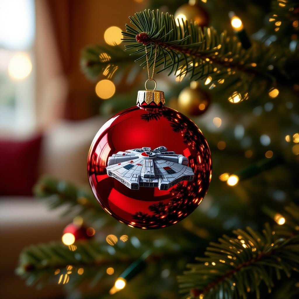 Red Christmas Bauble Reflects Millennium Falcon on Tinsel Tr...