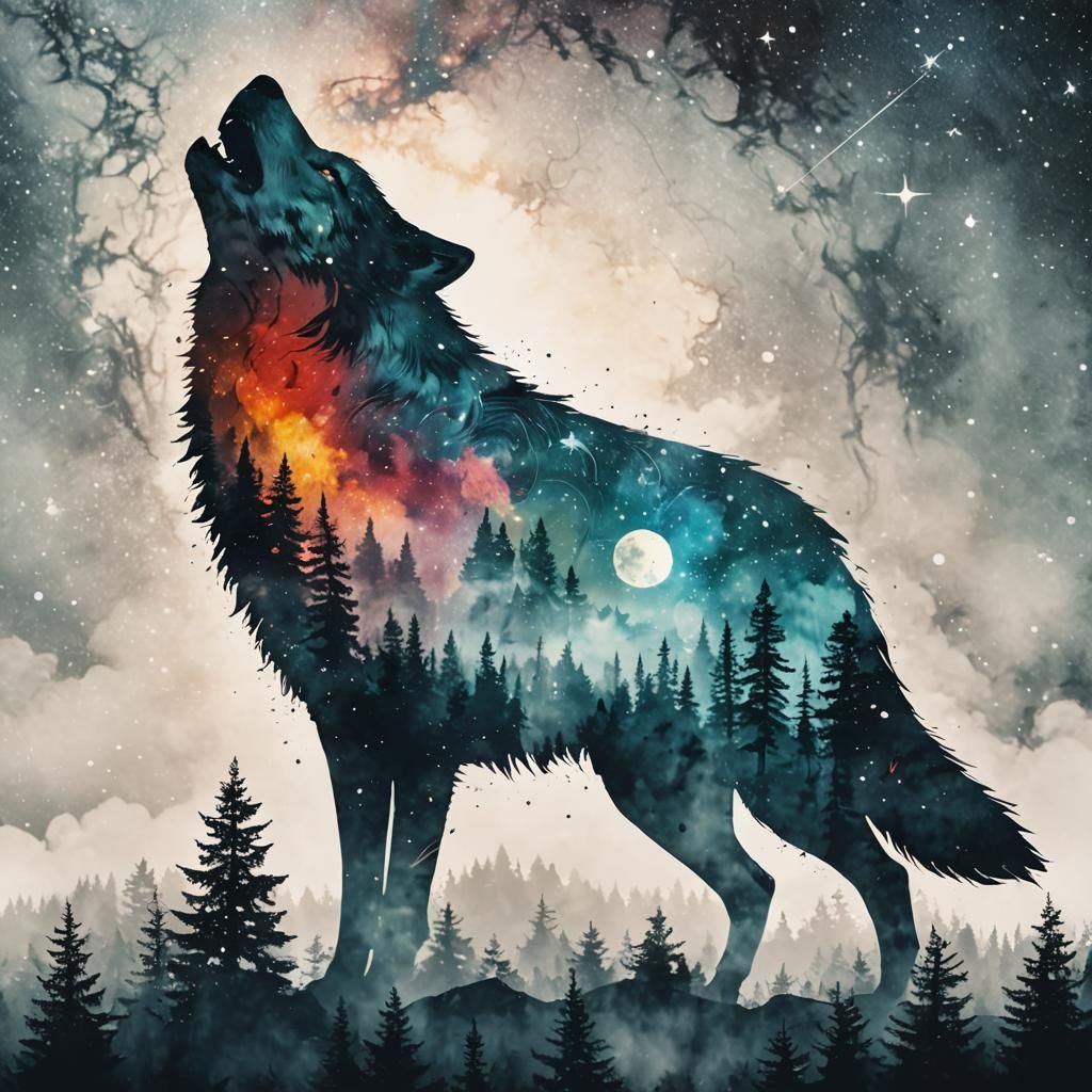 Wolf Howling in Cosmic Silhouette, Digital Art