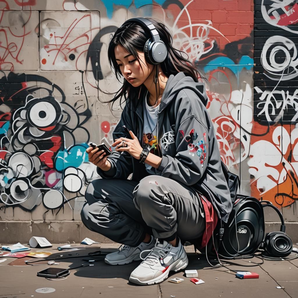 Anime Graffiti Artist in Urban Scene with Vibrant Colors