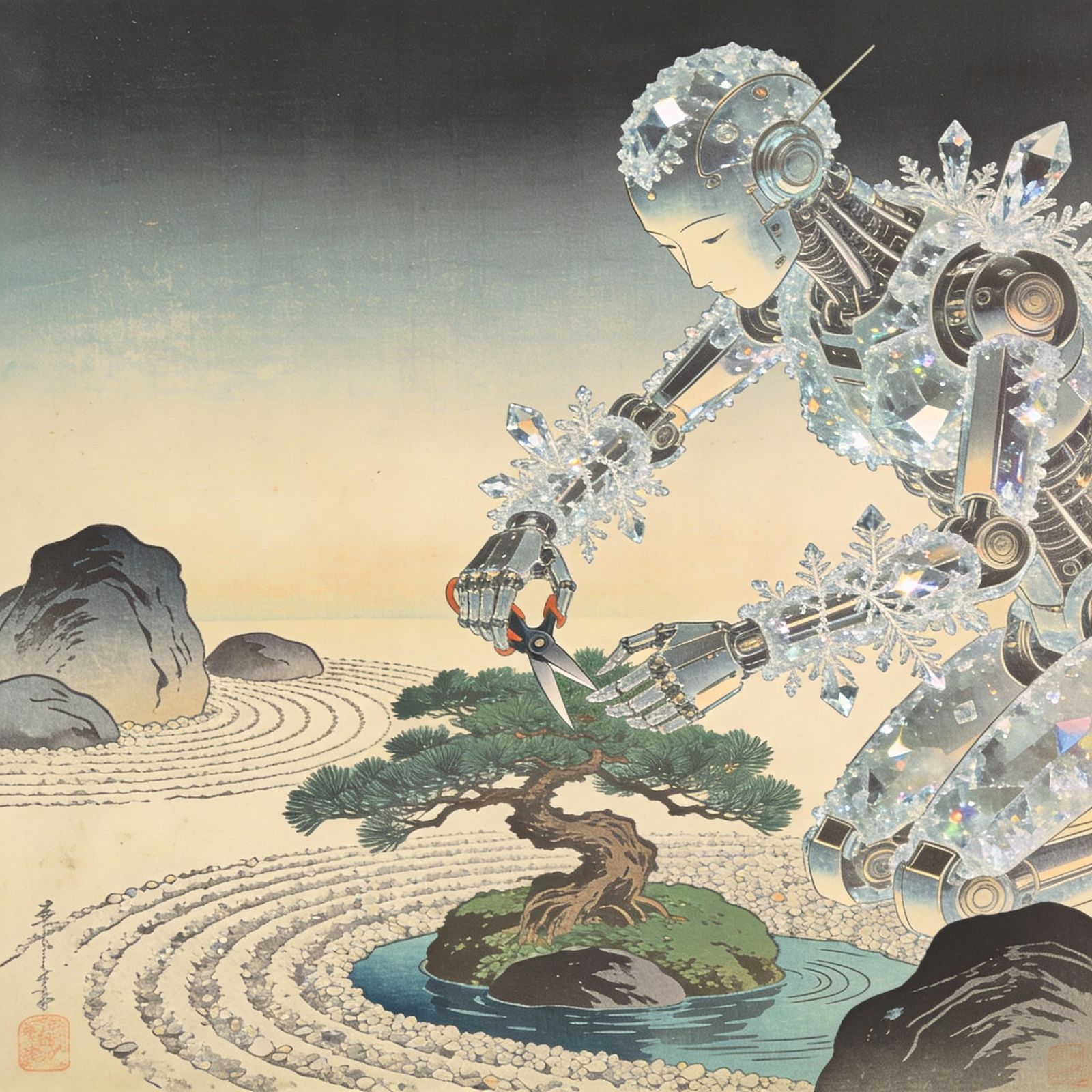 Crystal Automaton Pruning Bonsai in Zen Garden