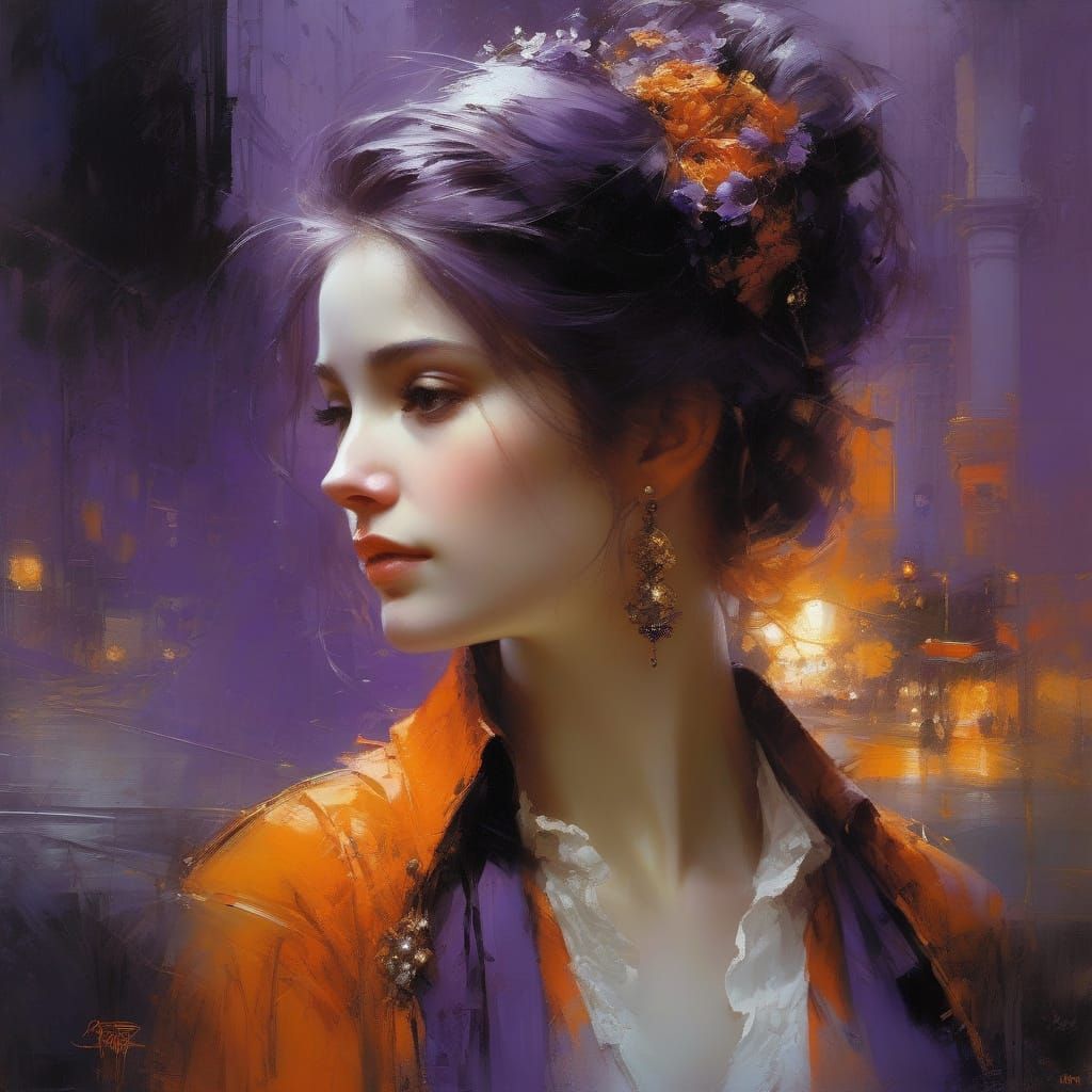 Victorian Woman Portrait in Purple and Orange Hues