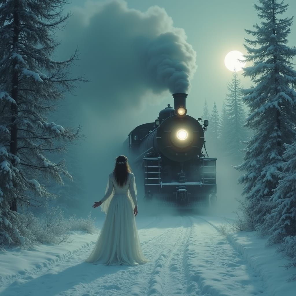 Ghostly Train Encounter in Surreal Landscape