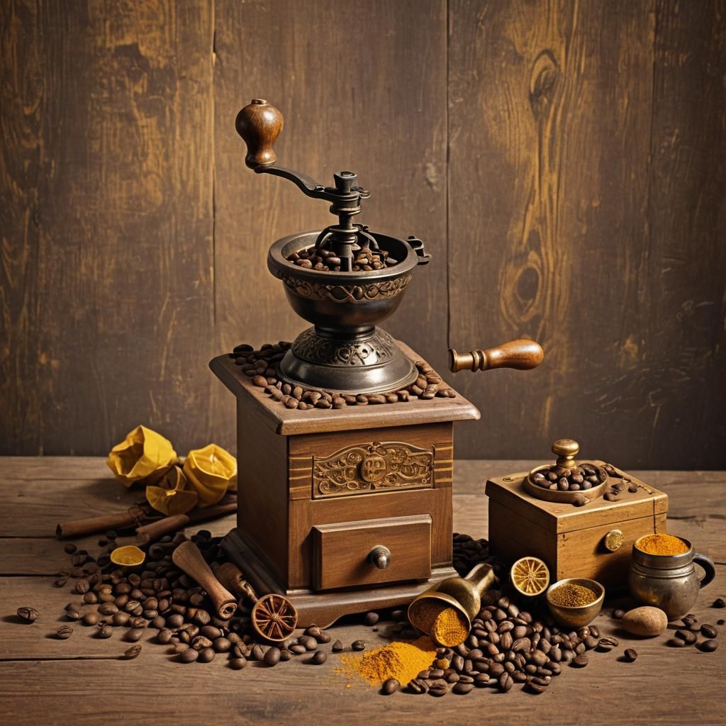 Vintage Coffee Grinders Still Life in Photorealistic Style
