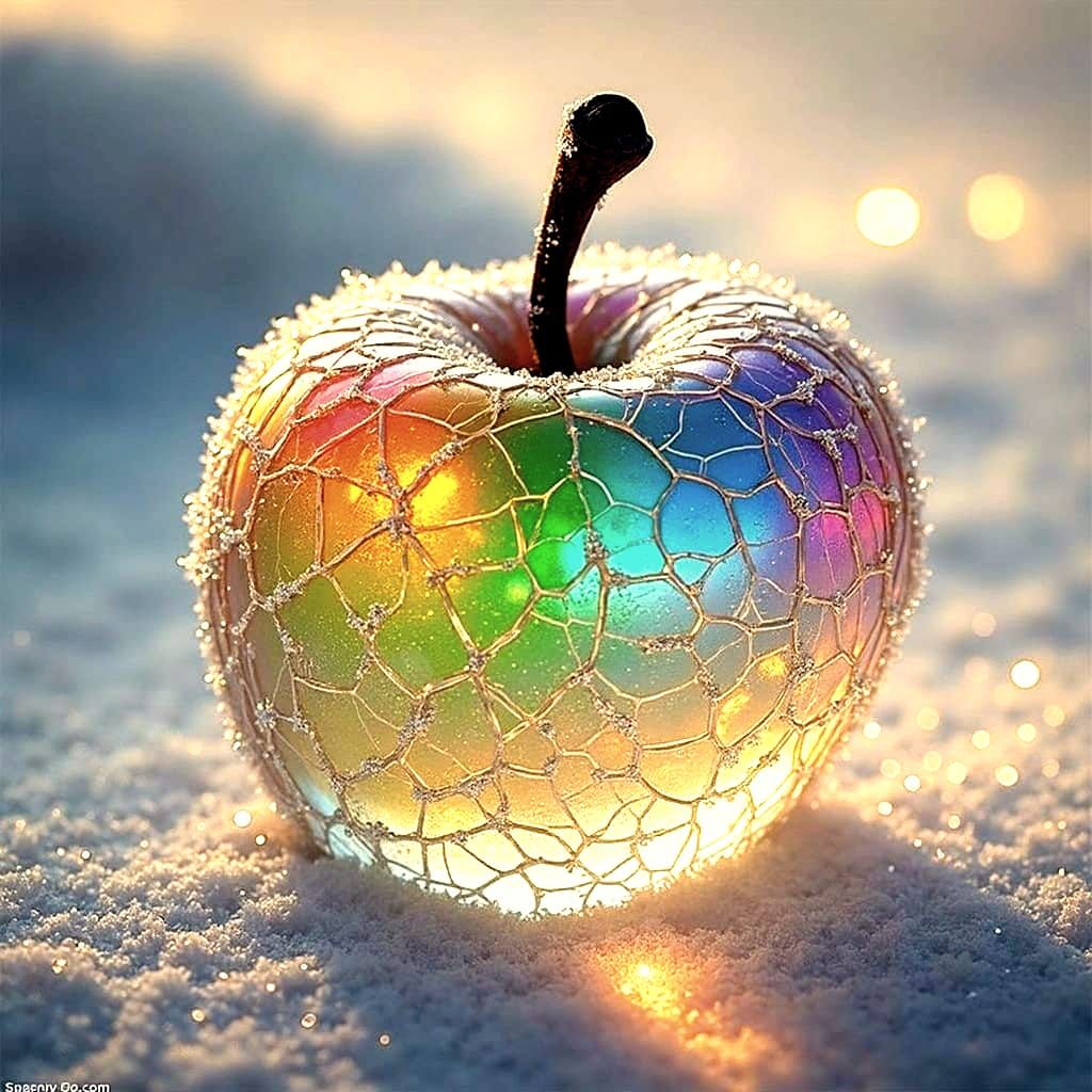 Crystal Apple in Snow with Rainbow Refractions