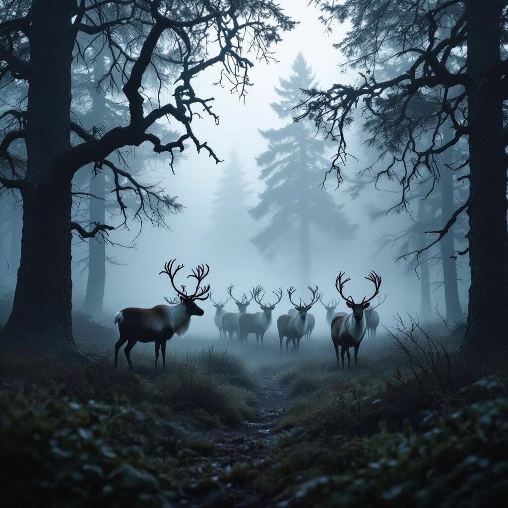 Majestic Reindeer Herd in Foggy Forest