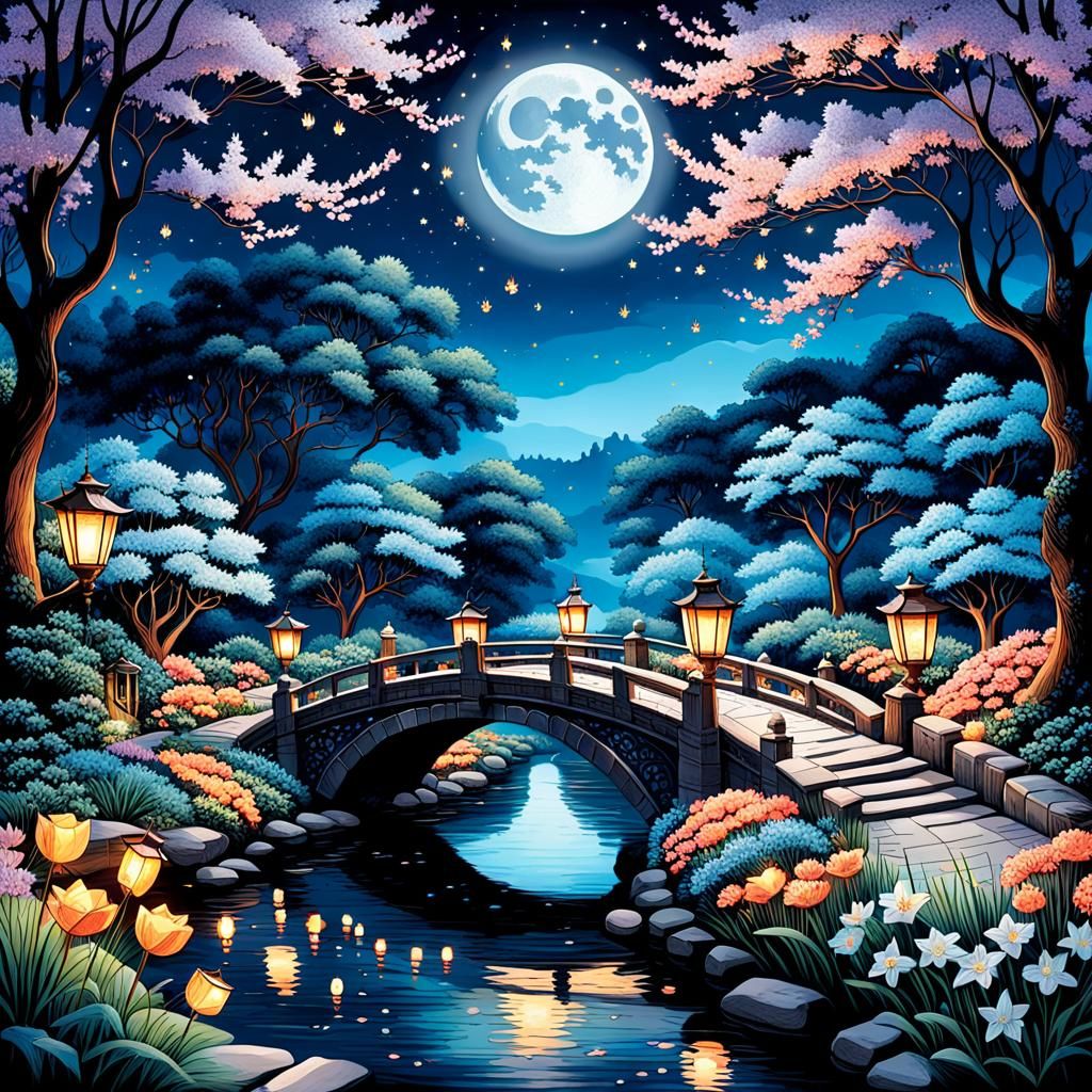 An exquisite illustration of a moonlit garden in full bloom,