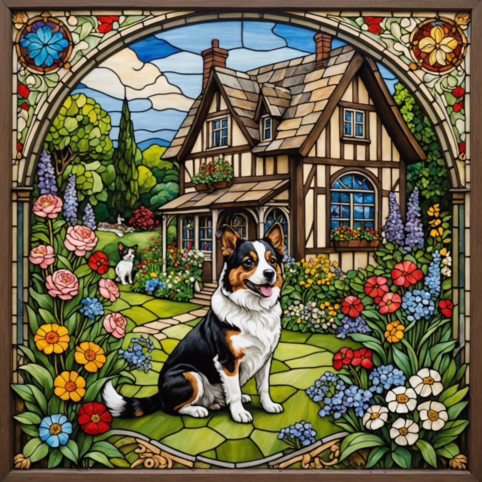 Dog and Cat in Garden: Rococo Stained Glass Art