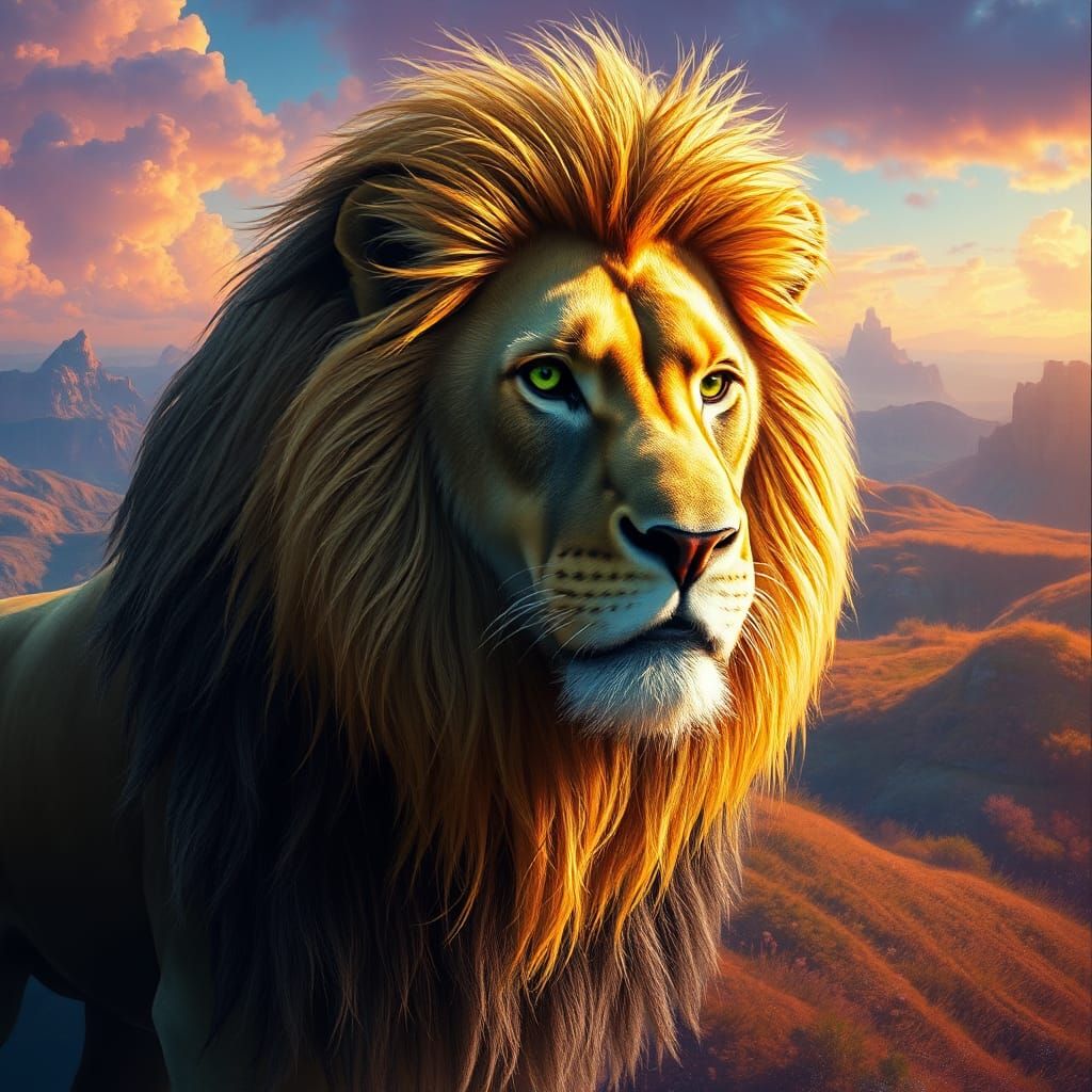 Majestic Aslan in Surreal Narnia Landscape