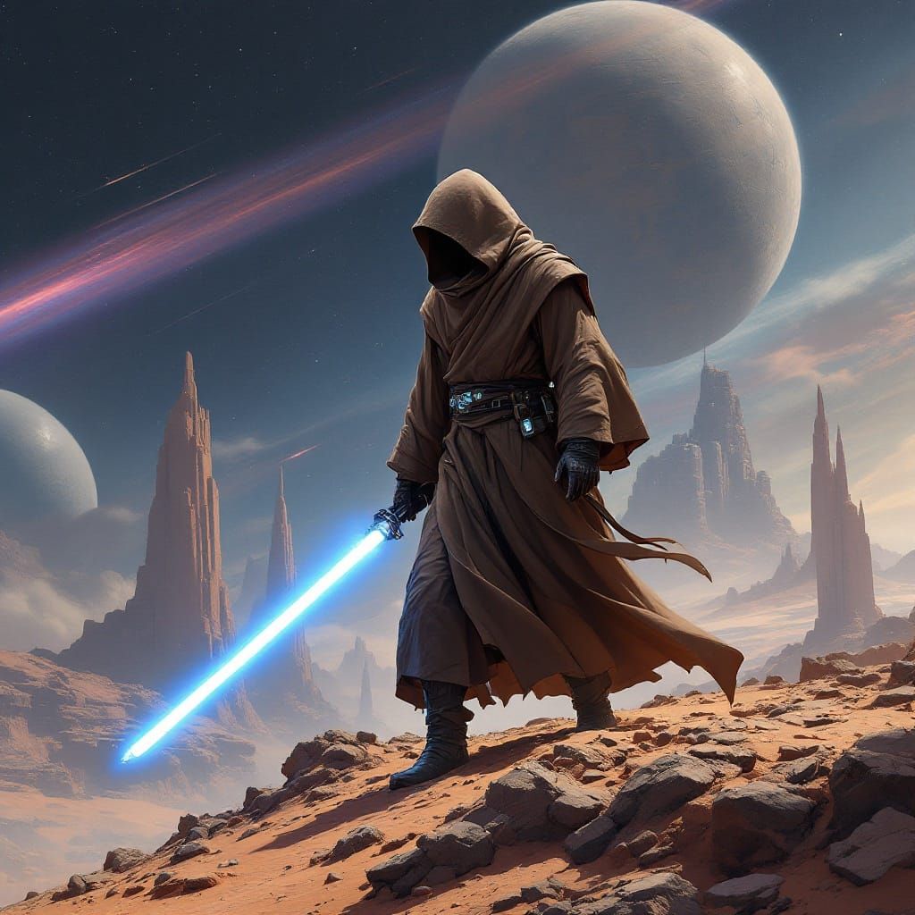 Jedi Knight in Futuristic Galactic Landscape