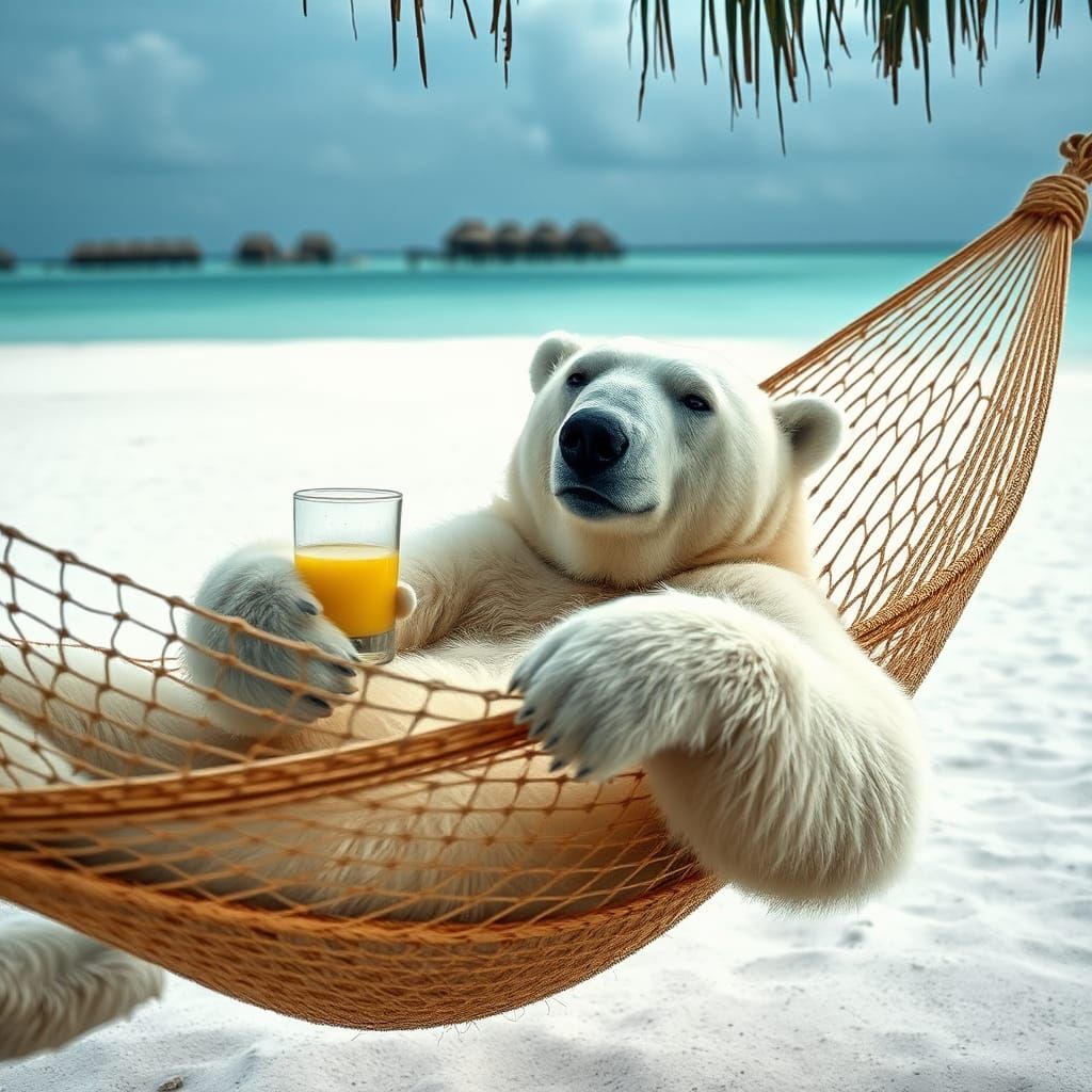 Polar Bear's Tropical Getaway: A Hyperrealistic Beach Scene