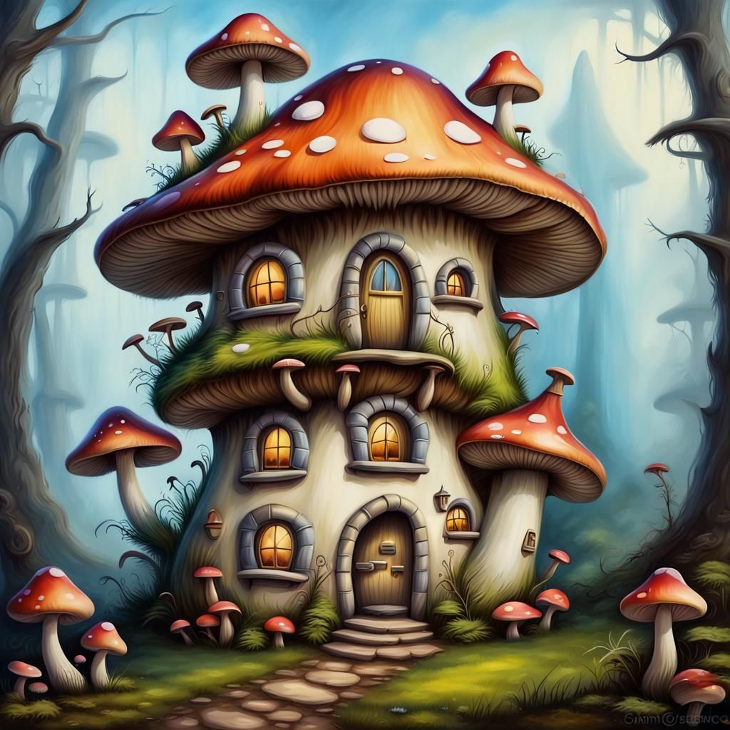 Fairytale Mushroom House in Oil Painted Style