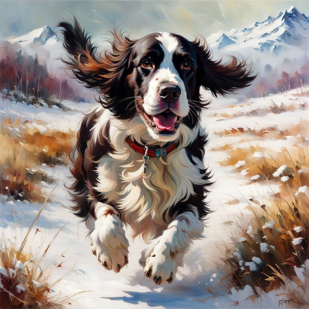 English Springer Spaniel Runs Joyfully Through Snow