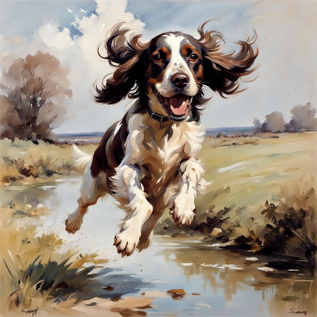 Energetic Spaniel Jumping, in Seago Style