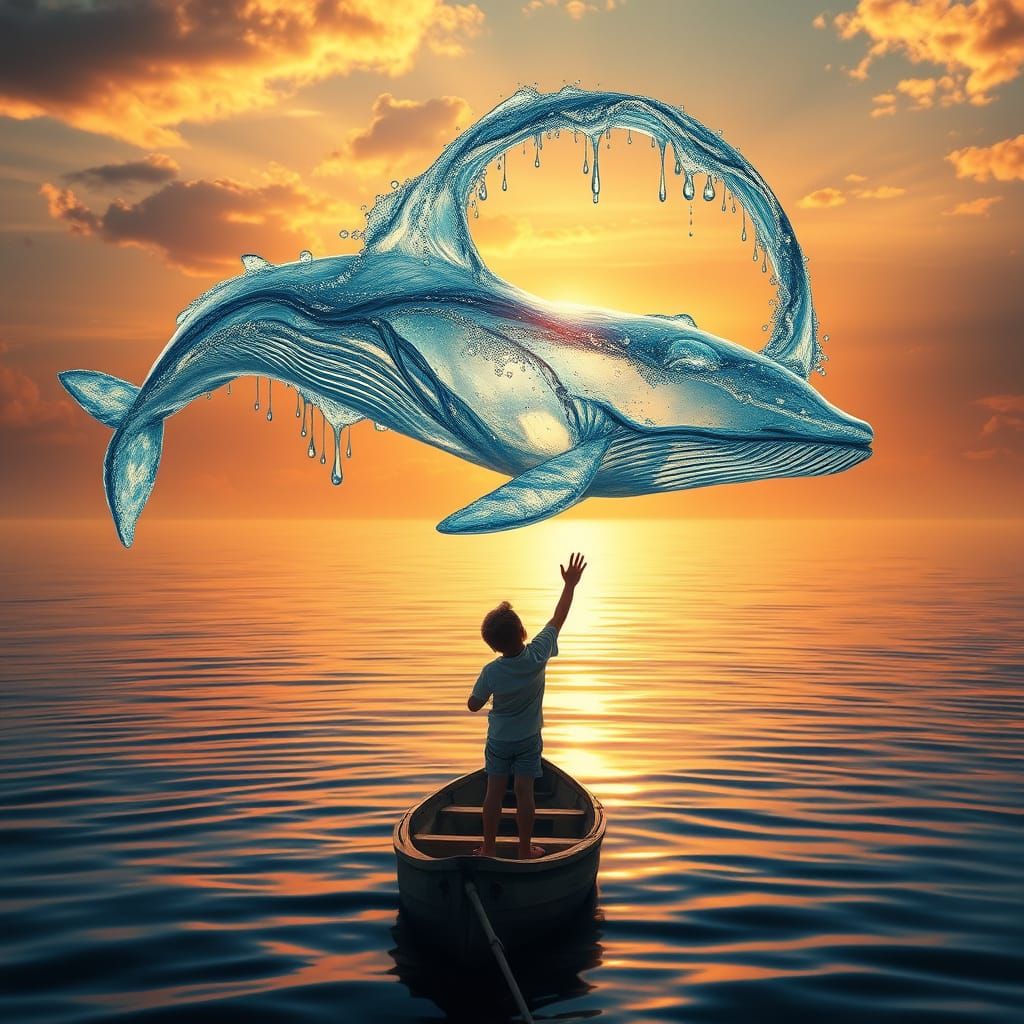 Fantasy Child Meets Enchanted Whale in Sunset Ocean Scene