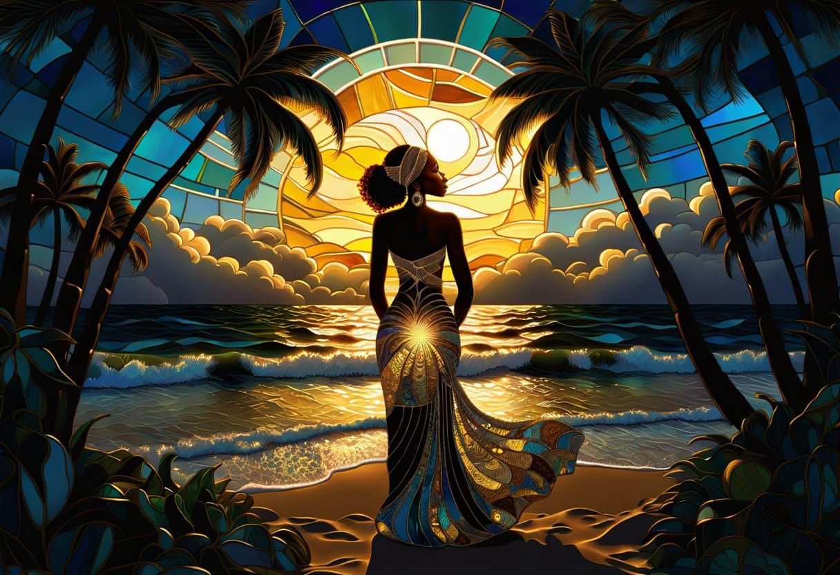 Tiffany Stained Glass: African Woman on Moonlit Beach
