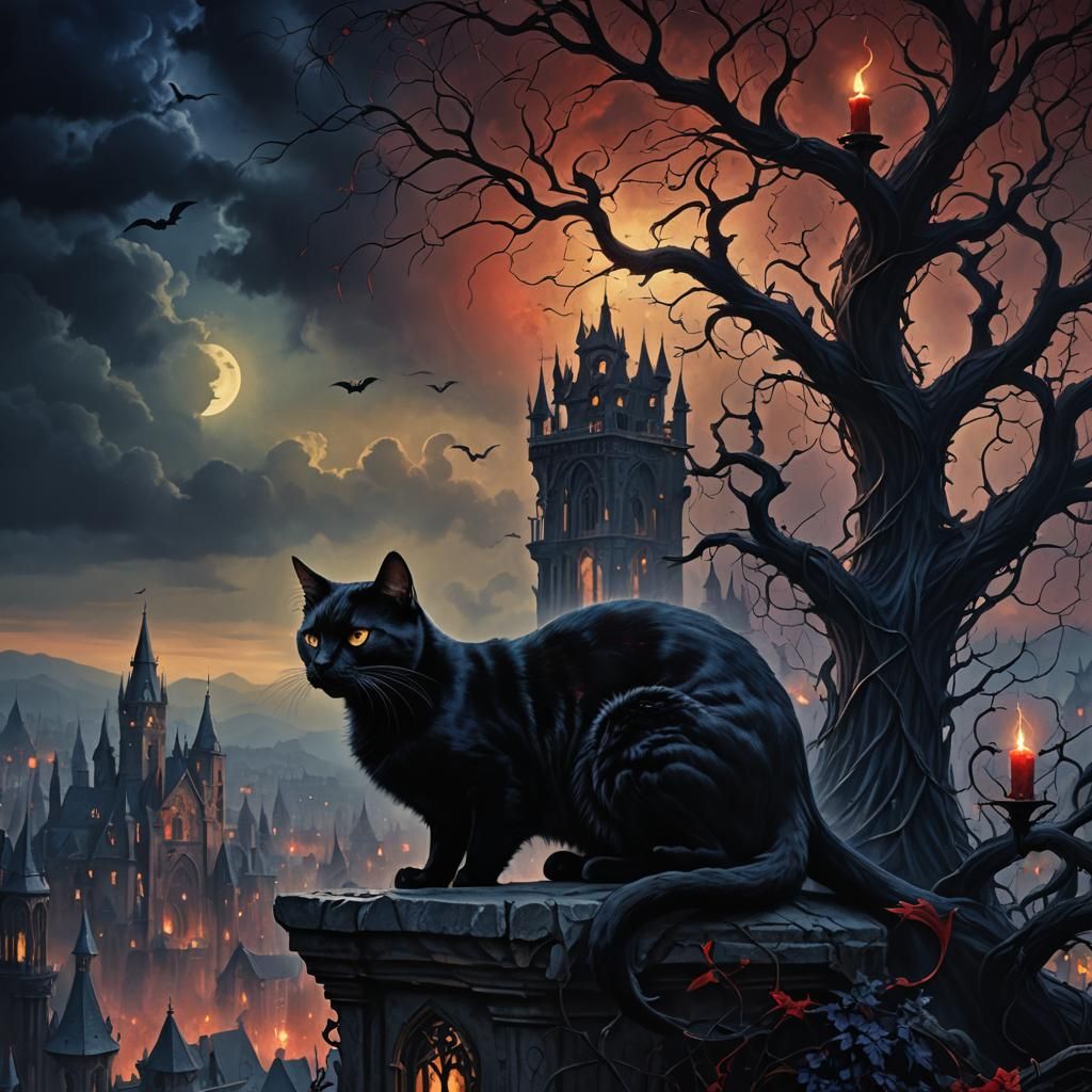 Twisted Shadow Cat in Dark Fantasy Dreamscape