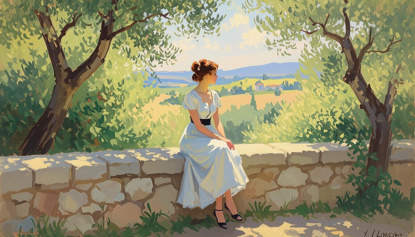 Woman on Stone Wall in Impressionist Style