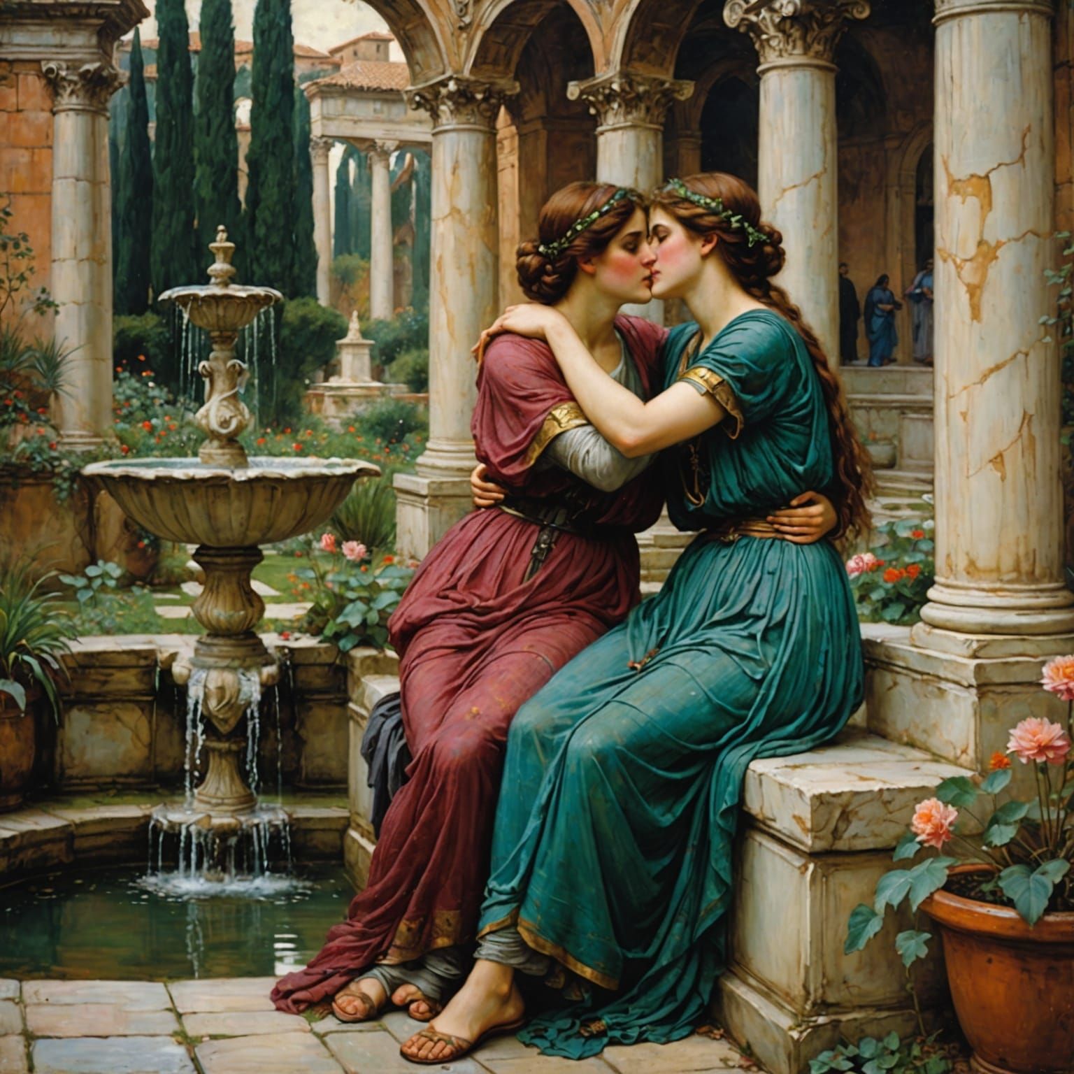 Art by John William Waterhouse, romantic scene, two Roman wo...