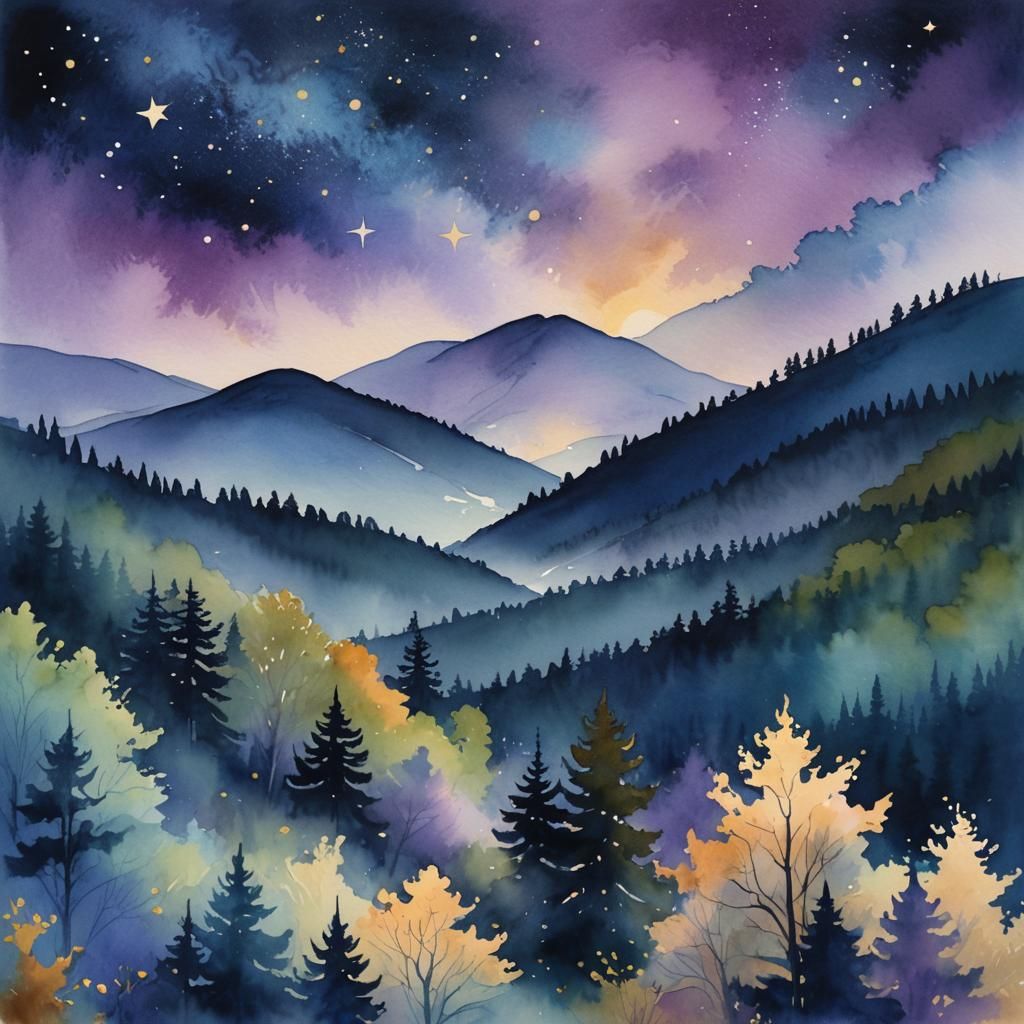 Watercolor Starry Night Sky Over Forested Hills