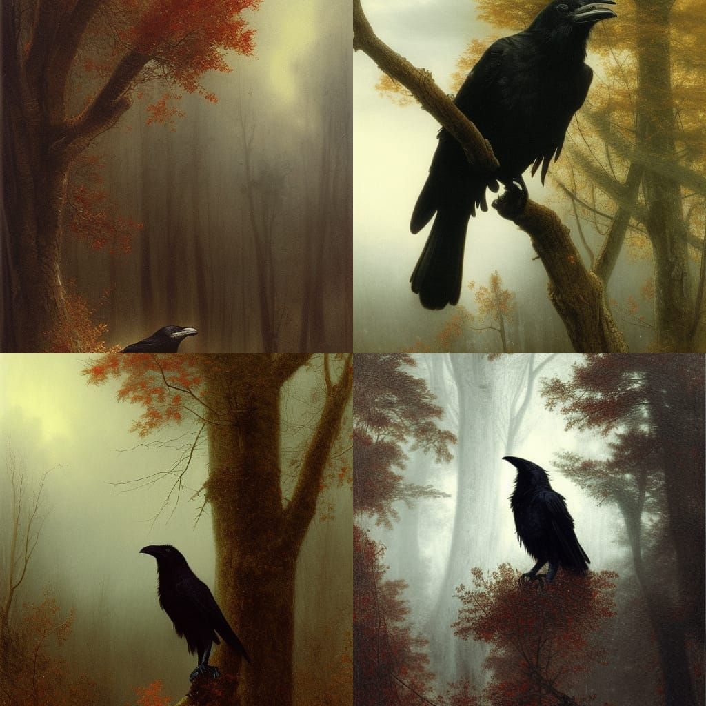 Raven Perched in Autumn Woods, Hyperrealistic