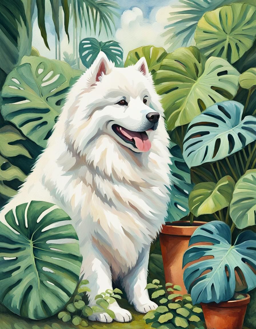 Samoyed Dog and Monstera in Gouache Style