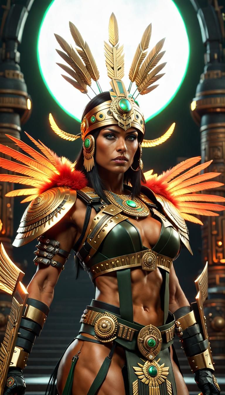 Aztec Warrior Woman in Cyberpunk Servo-Armor