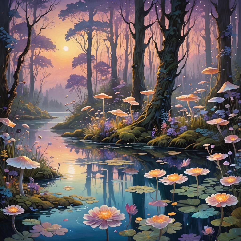 Ethereal Twilight Fantasy Landscape with Bioluminescent Flor...
