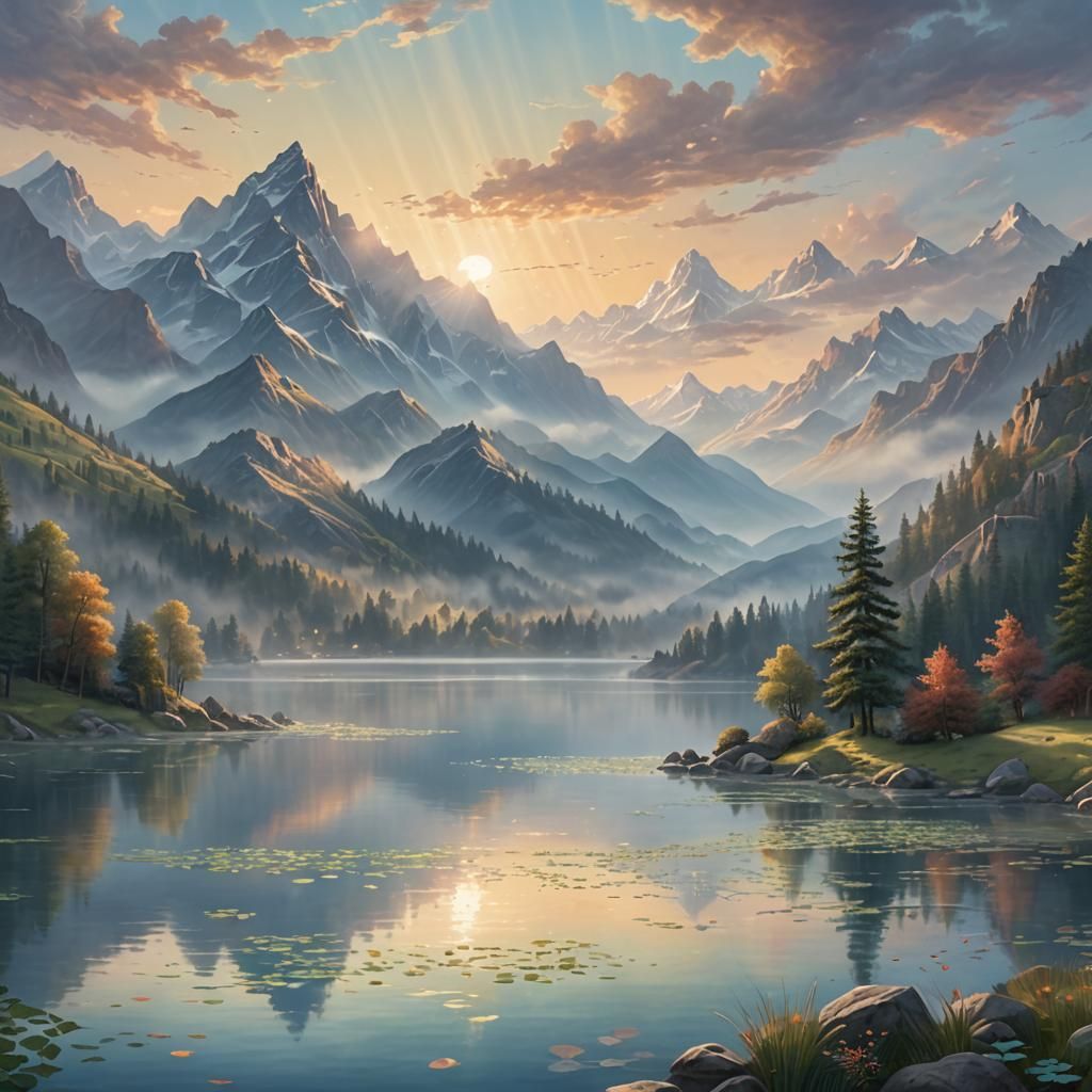 Misty Sunrise Over Tranquil Lake, Dreamy Art