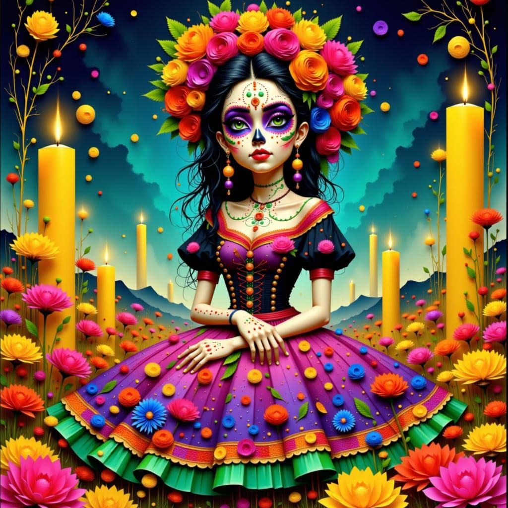 Day of the Dead: Sugar Skull Woman in Vibrant Dress