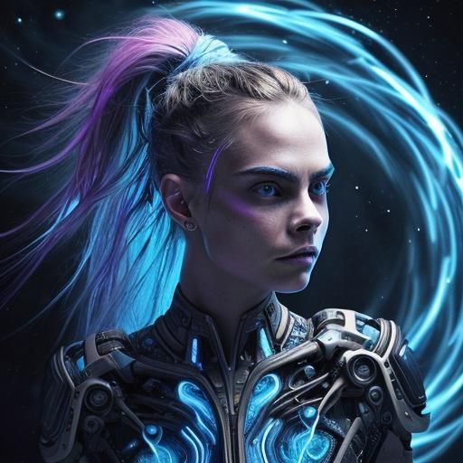 Biomechanical Woman in Cosmic Nebula: Sci-Fi Portrait