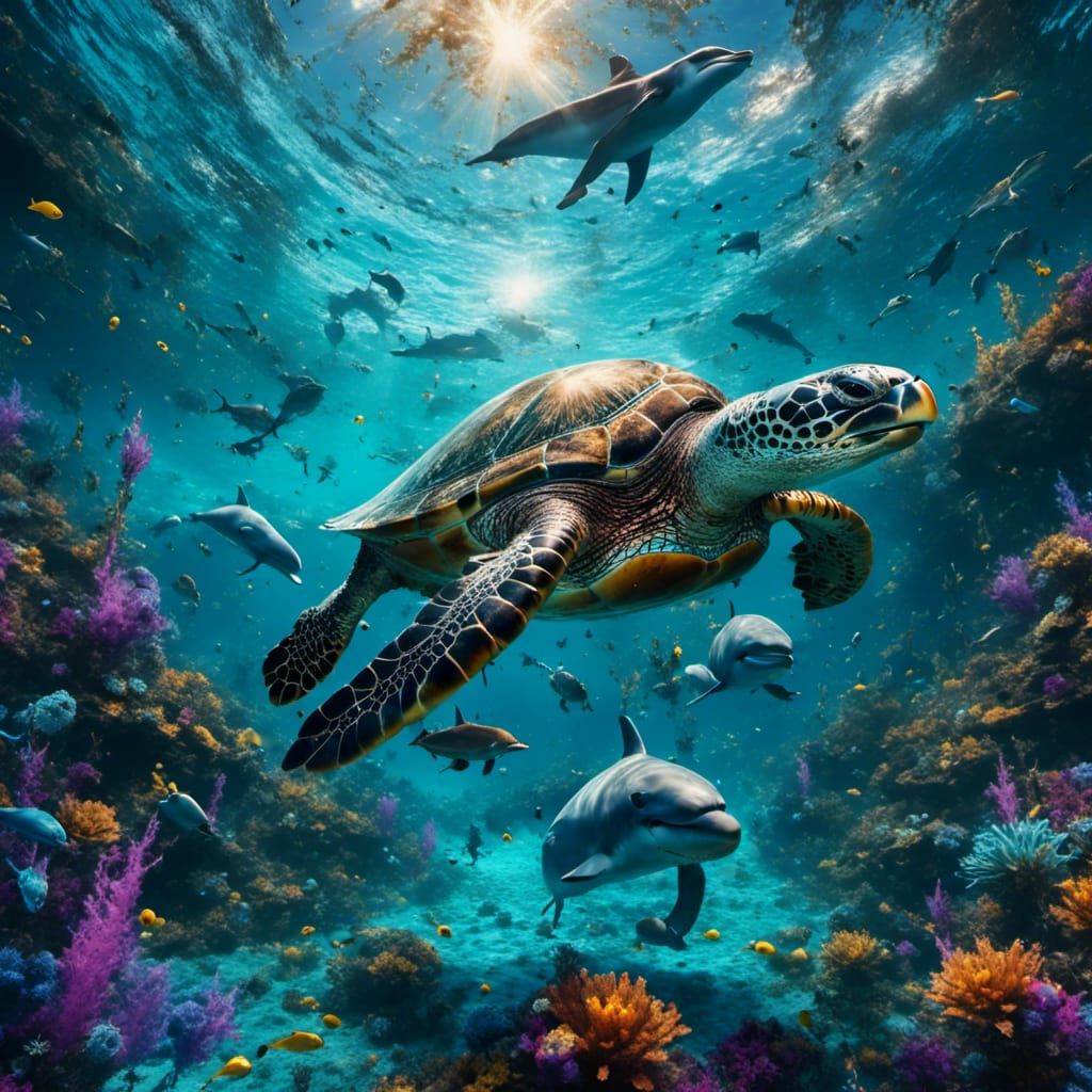 Turtle and Dolphins in a Fantasy Underwater Scene
