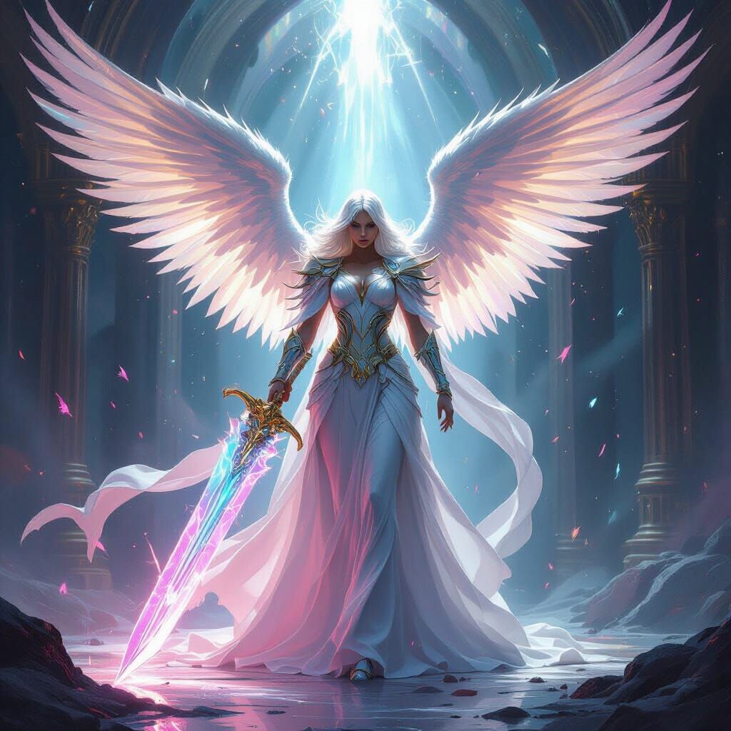 Avenging Angel with Giant Diamond Sword in Epic Fantasy Styl...