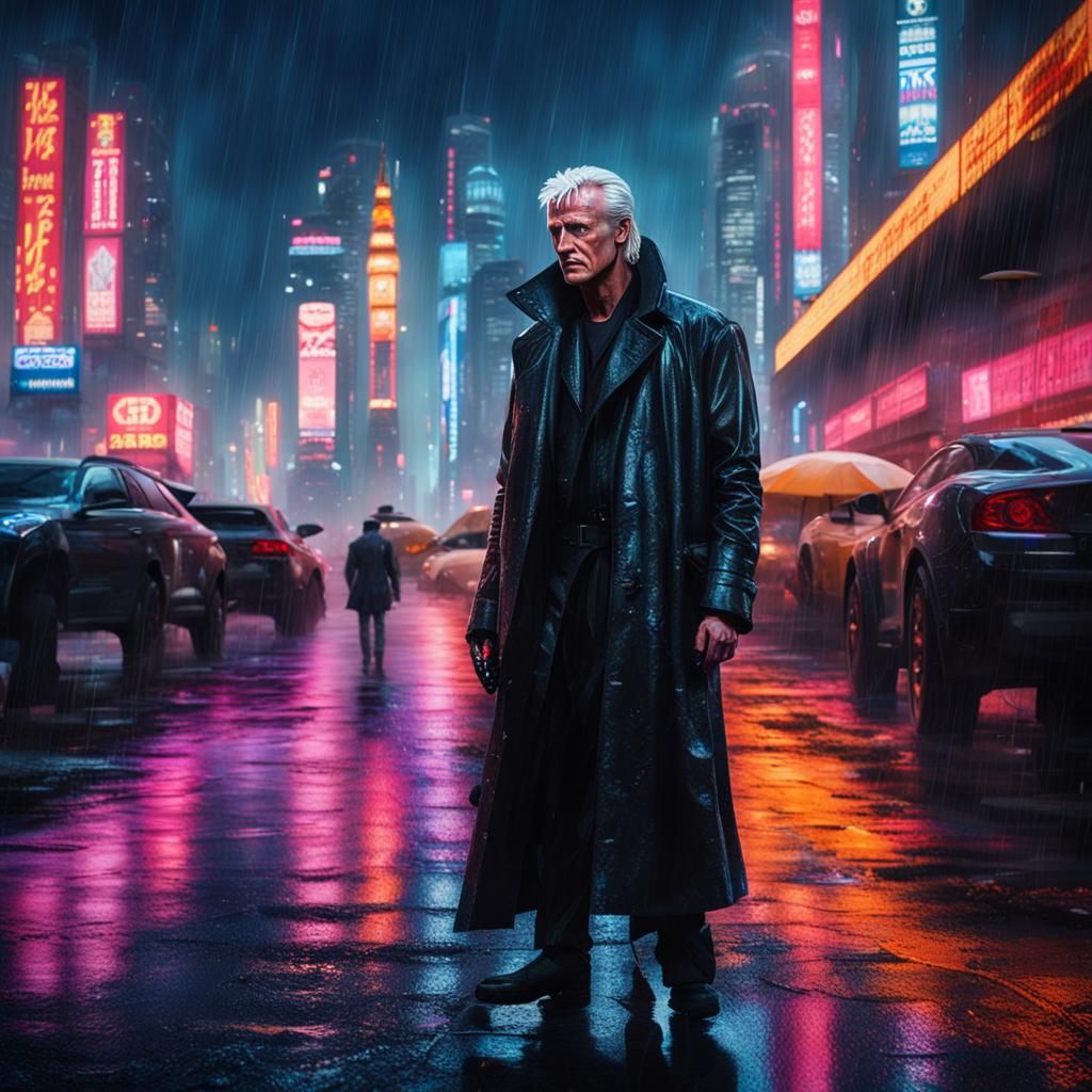 Cyberpunk Roy Batty in Rainy Cityscape