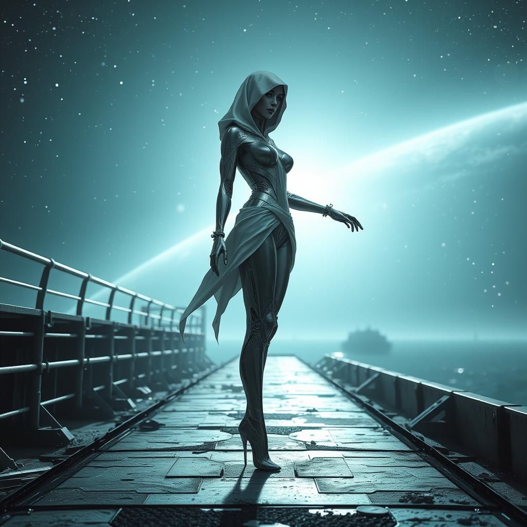 Cyborg Maiden on Space Dock in Science Fiction Style