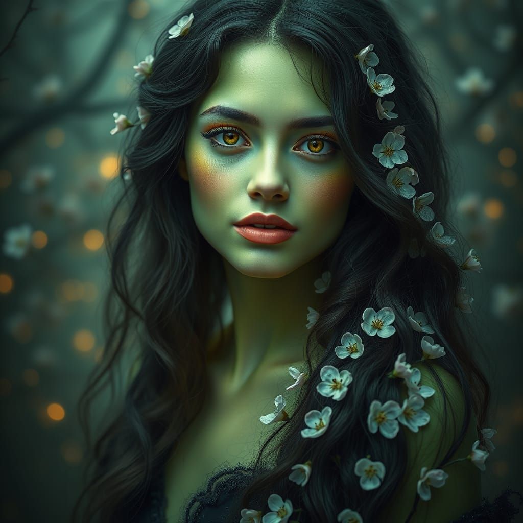 Woman with Emerald Skin and Apple Blossom Hair in Mystical R...