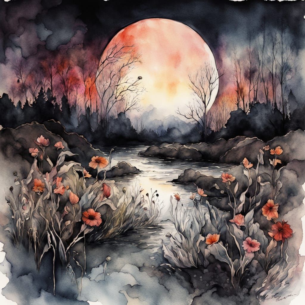 Enchanted Swamp River Under Dark Solar Eclipse