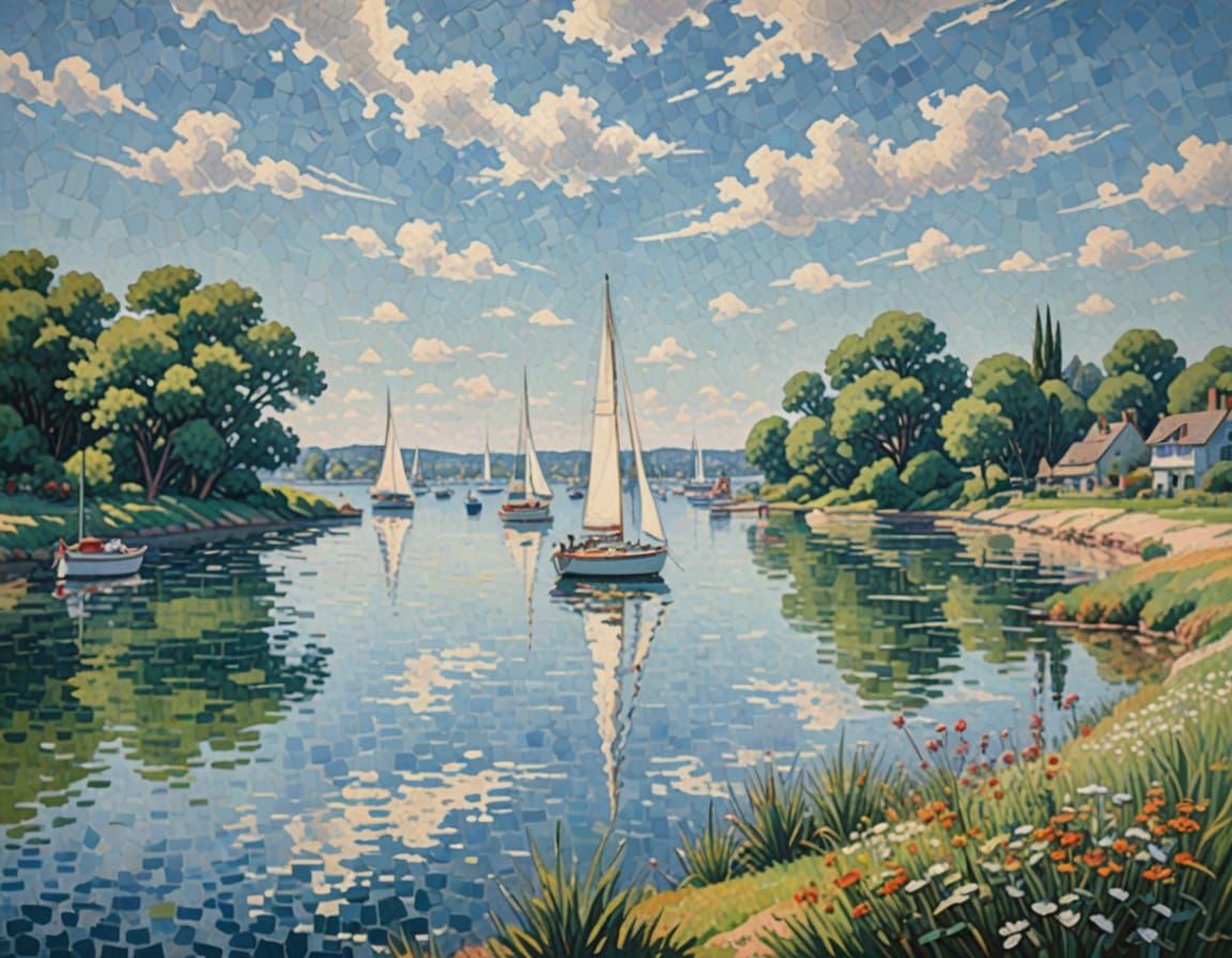 Serene Seaside Landscape in Pointillist Style