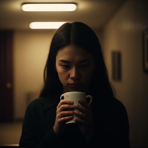 Atmospheric Film Still of Person Holding Mug