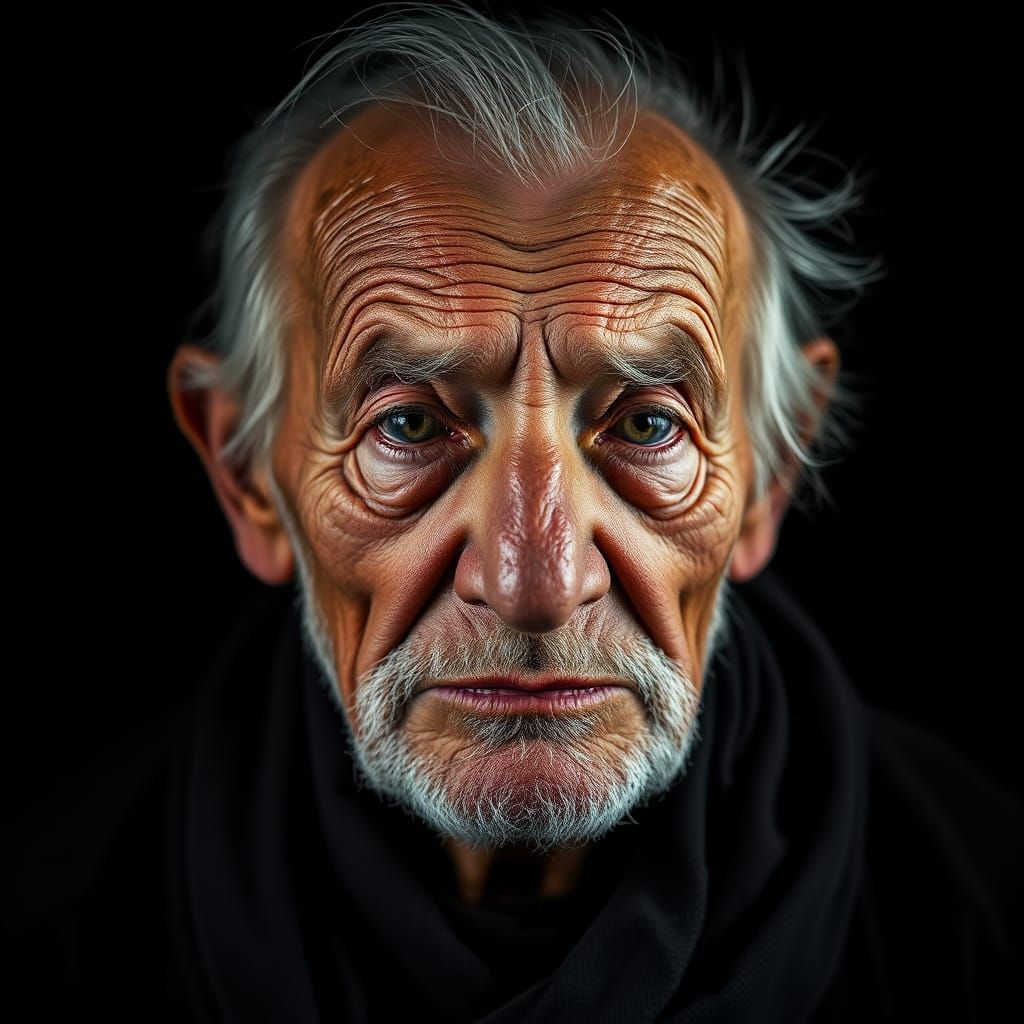 Tired Old Man's Detailed Portrait Against Black Backdrop