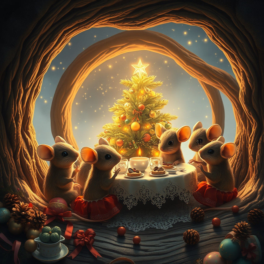Festive Mouse Family Christmas Scene in Tree