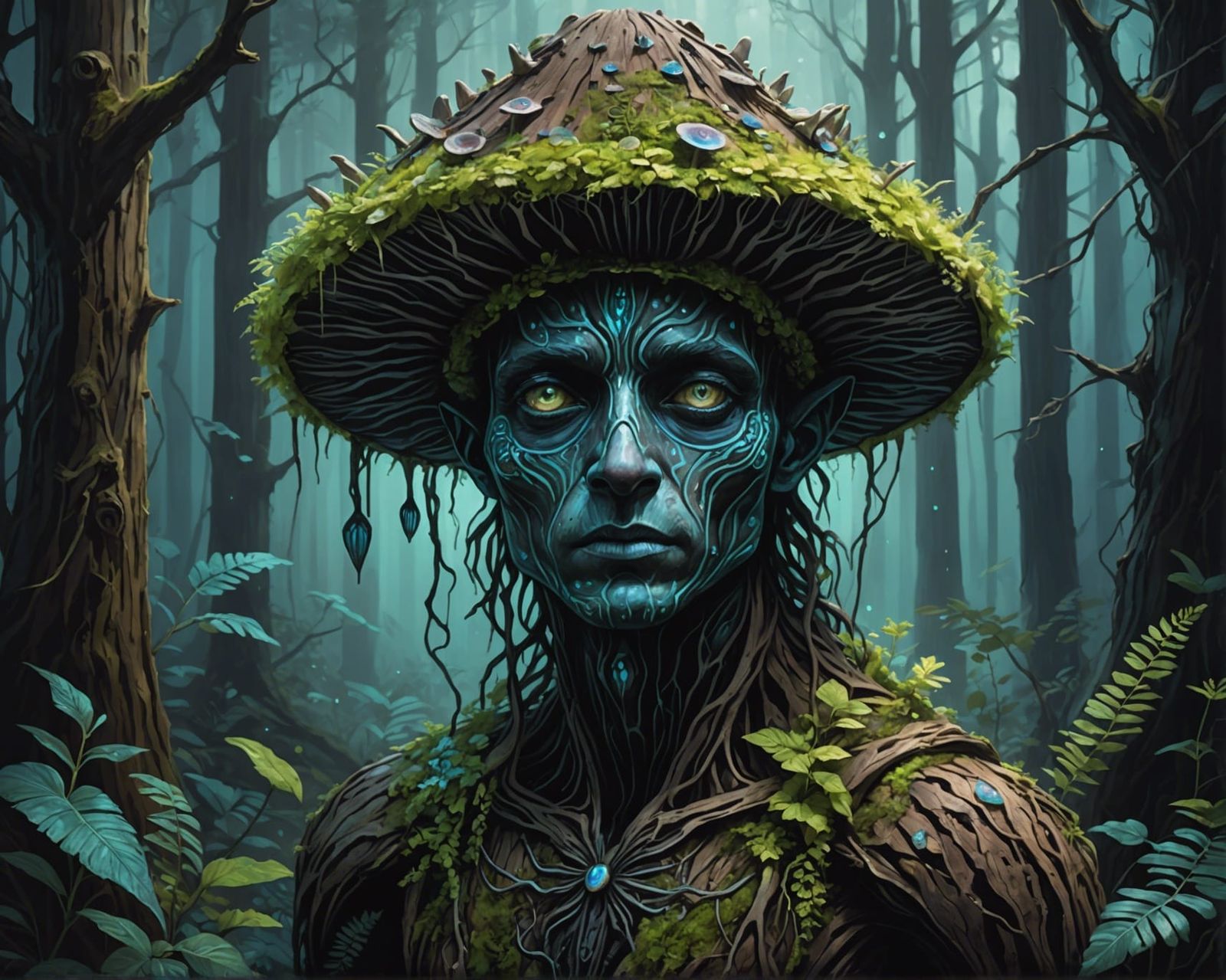 Plant Humanoid Lost in Bioluminescent Magical Forest
