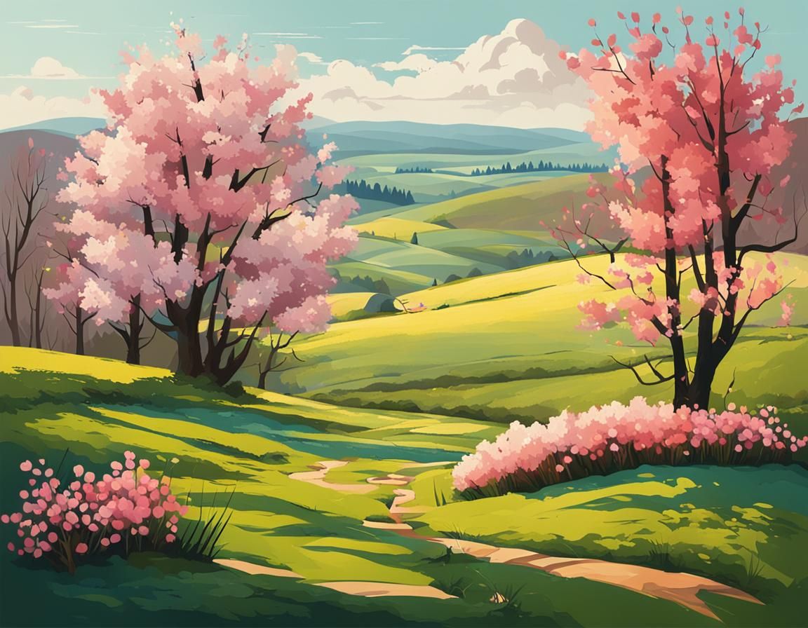 Colorful Spring Landscape, Mid-Century Modern Style