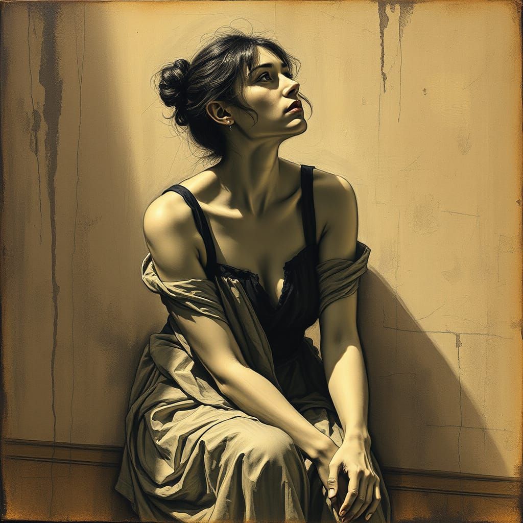 Contemplative Woman in Hyperdetailed Charcoal Style