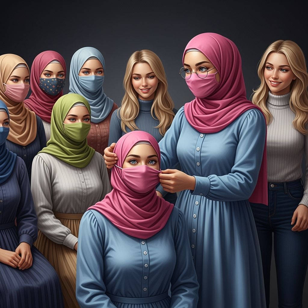 Swedish Hijabi Applying Facemask in Detailed Matte Painting
