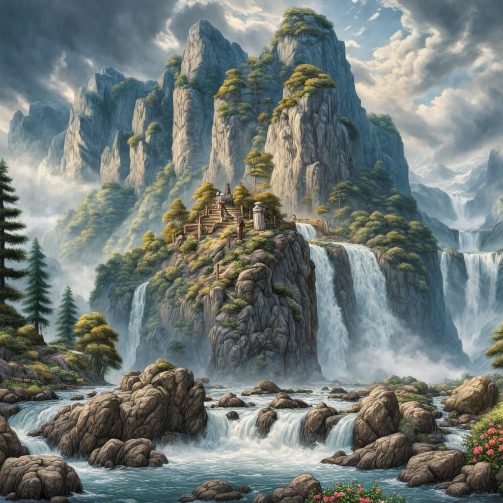 Turmoil of Waterfalls in a Futuristic Cityscape
