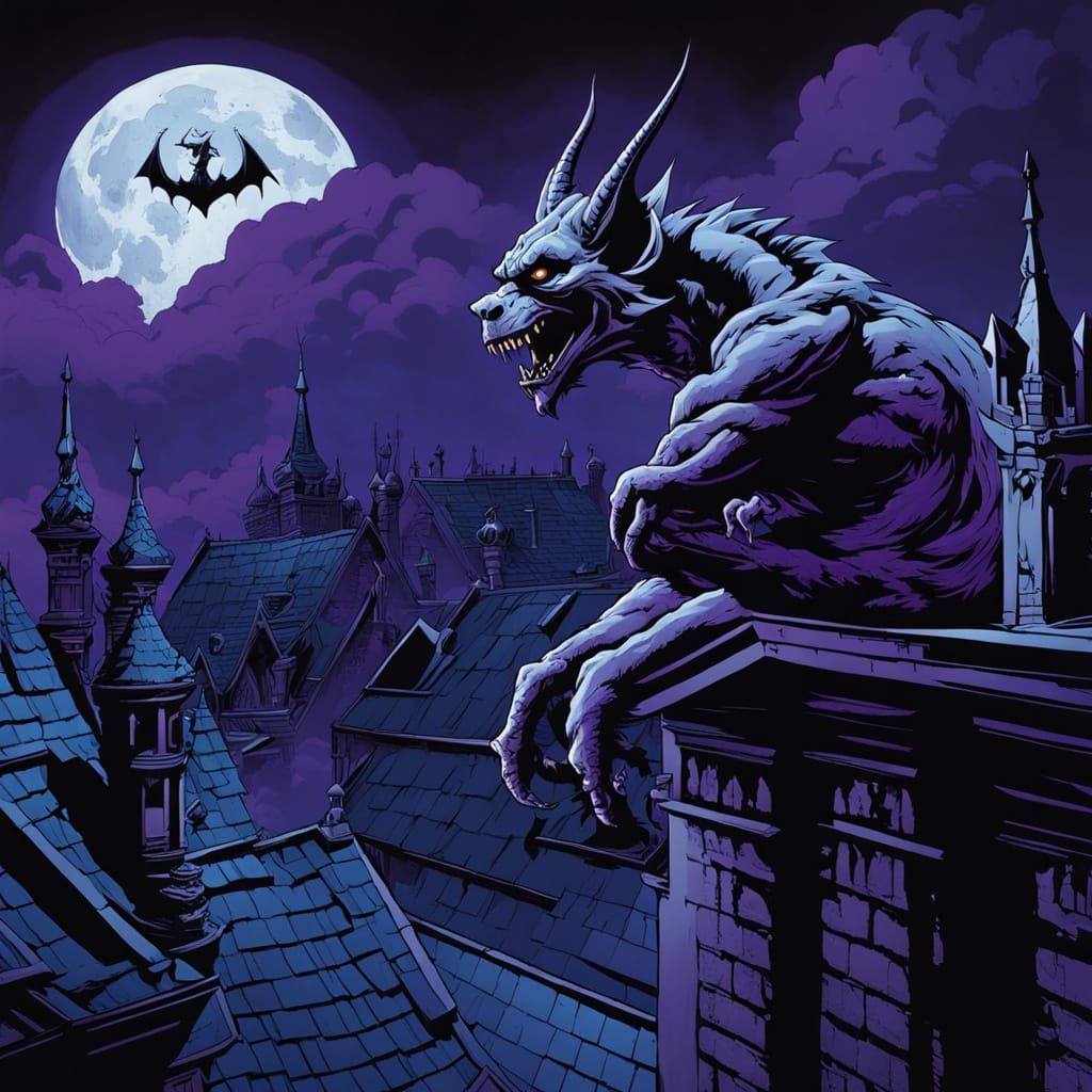 Gargoyle Over Gothic Rooftop in Dark Fantasy Style