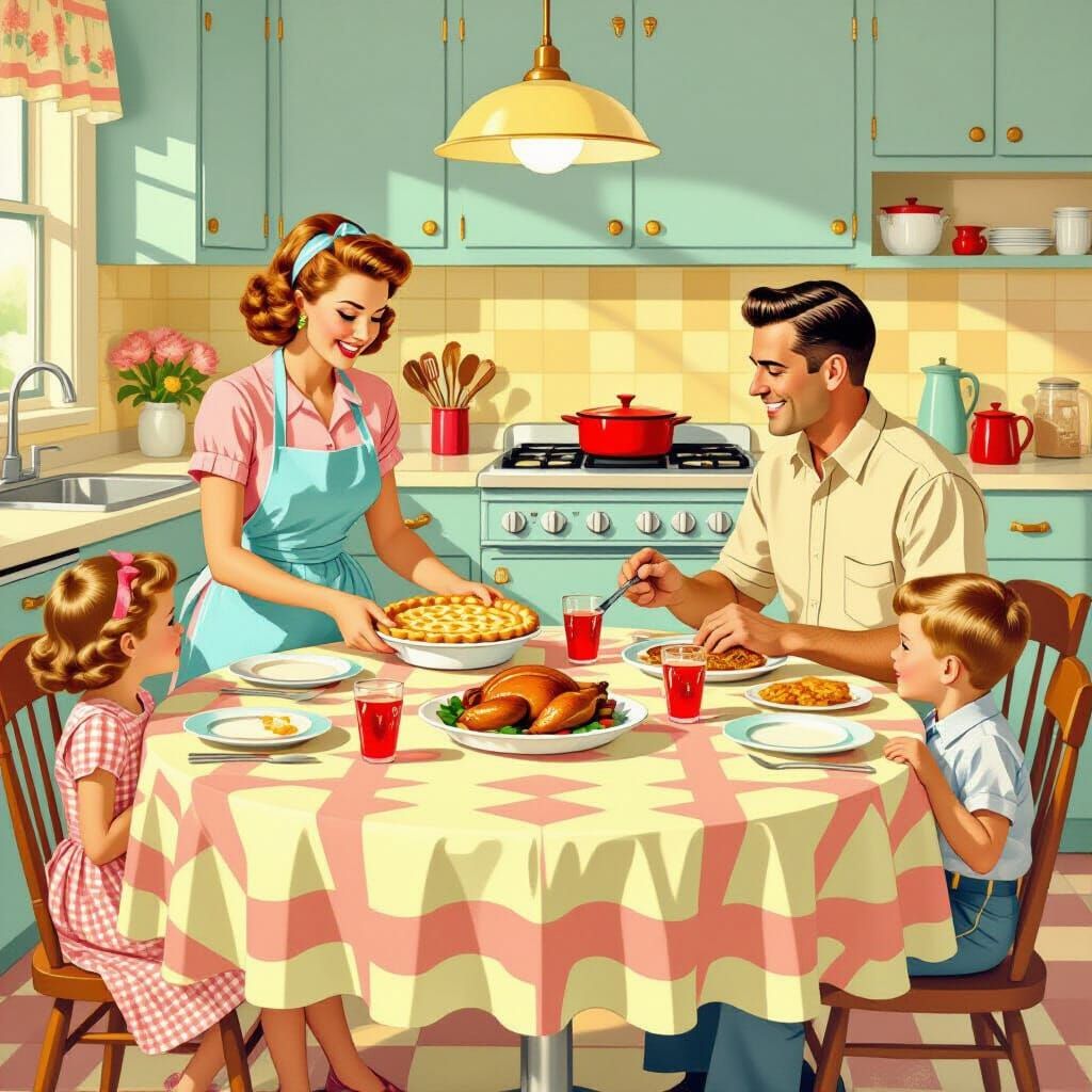 1950s Family Dinner in Pastel Kitchen