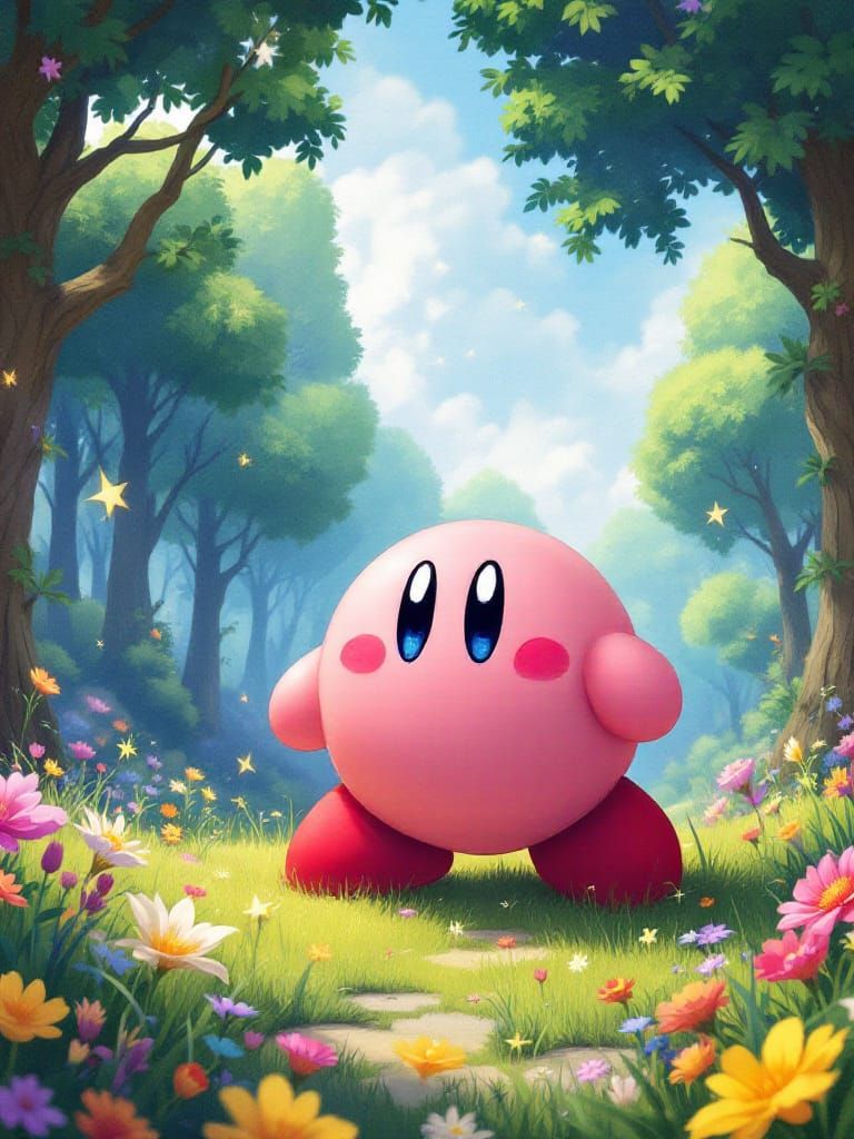 Realistic Kirby in Lush Meadow Illustration